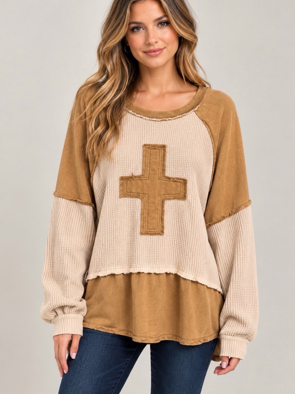 POL Two-Tone Waffle Knit Cross Patch Pullover - Beige & Camel